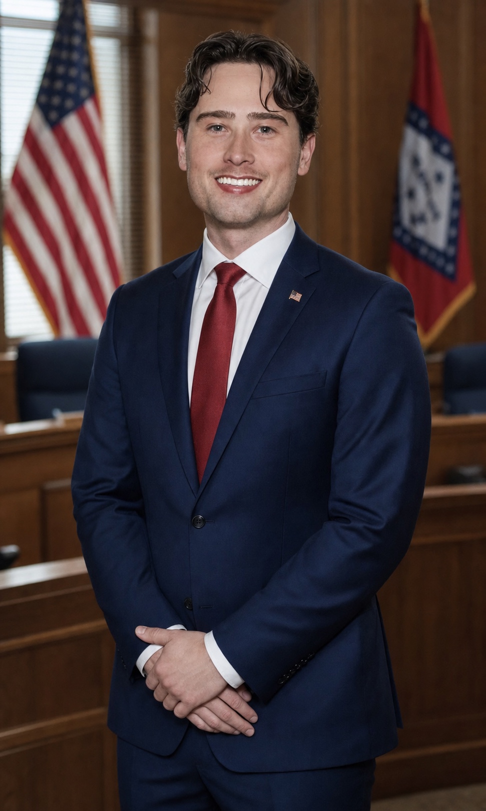 Jason Watts in a navy suit and red tie in a civic setting